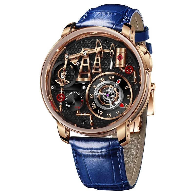 🔥USA🔥PINDU Men’s Watch 45.5mm Steel Sapphire Crystal Oil Pump P6673 BLUE STRAP