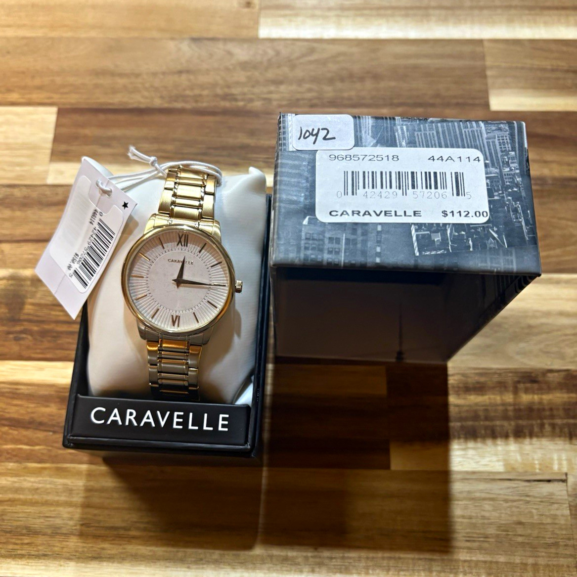Caravelle Men’s Quartz Gold Tone Silver Dial Roman/Stick Bracelet Watch w/ Box