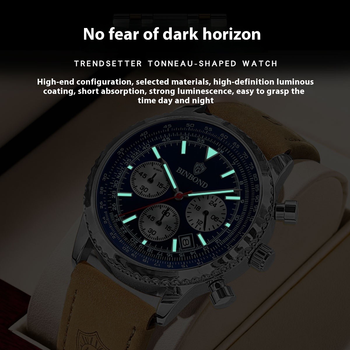BINBOND Men’s Quartz Chronograph Watch Luminous Date Waterproof Leather