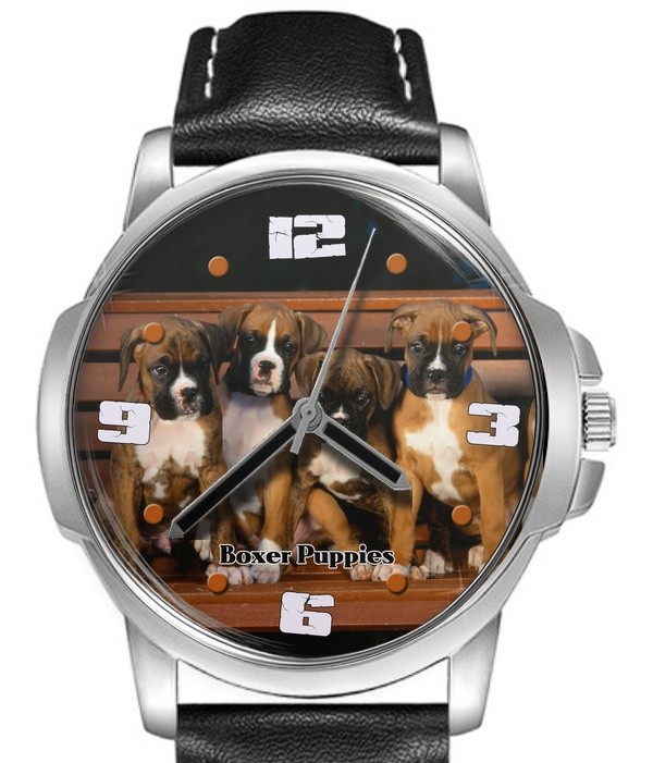 Boxer Puppies Leather Strap Big Dial Gift Wrist Watch