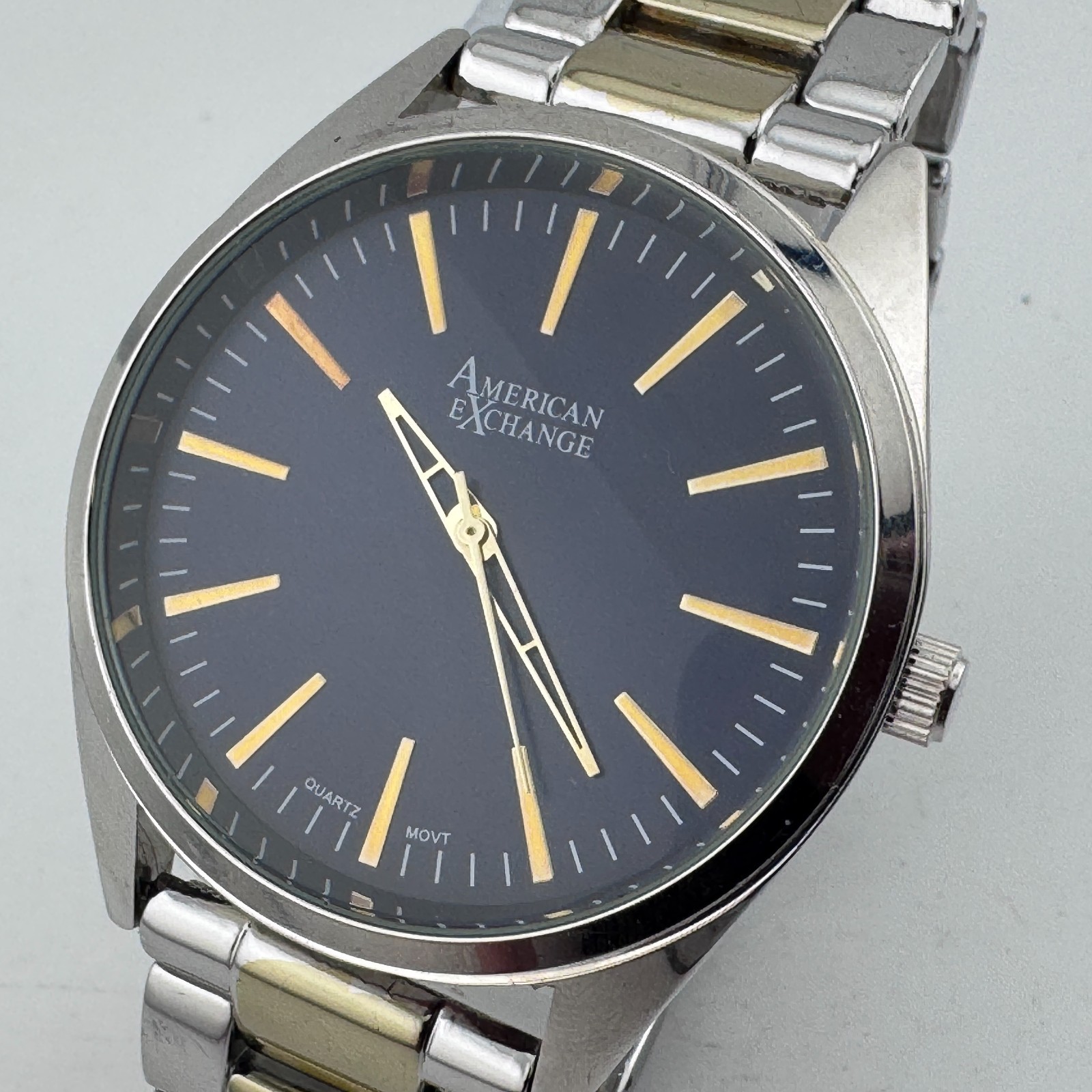 American Exchange Quartz Watch Men 43mm Dual Tone Blue Analog New Battery 7.5″