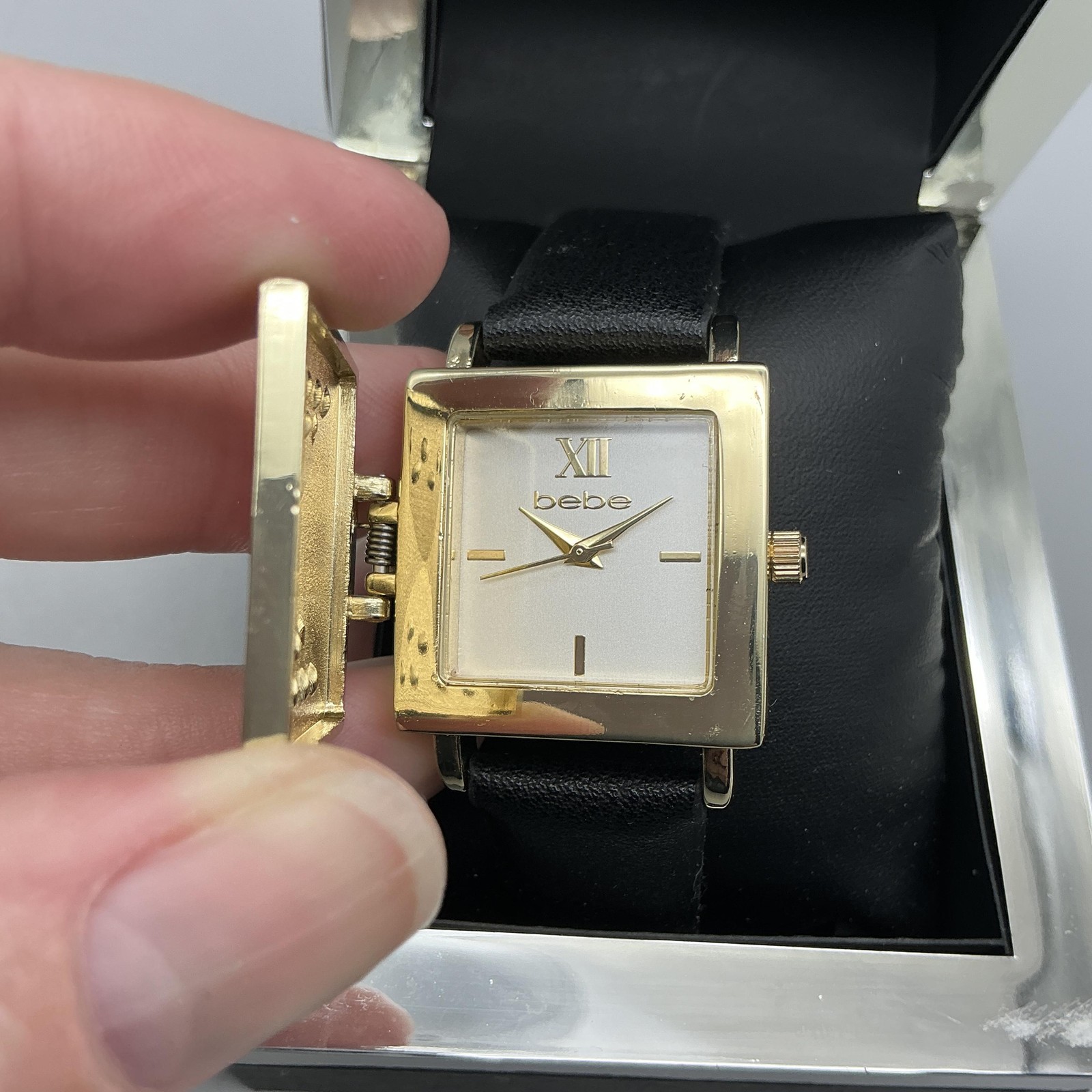 Bebe Hidden Dial Womens Watch 31mm Gold Tone Pyramid Cover in Box
