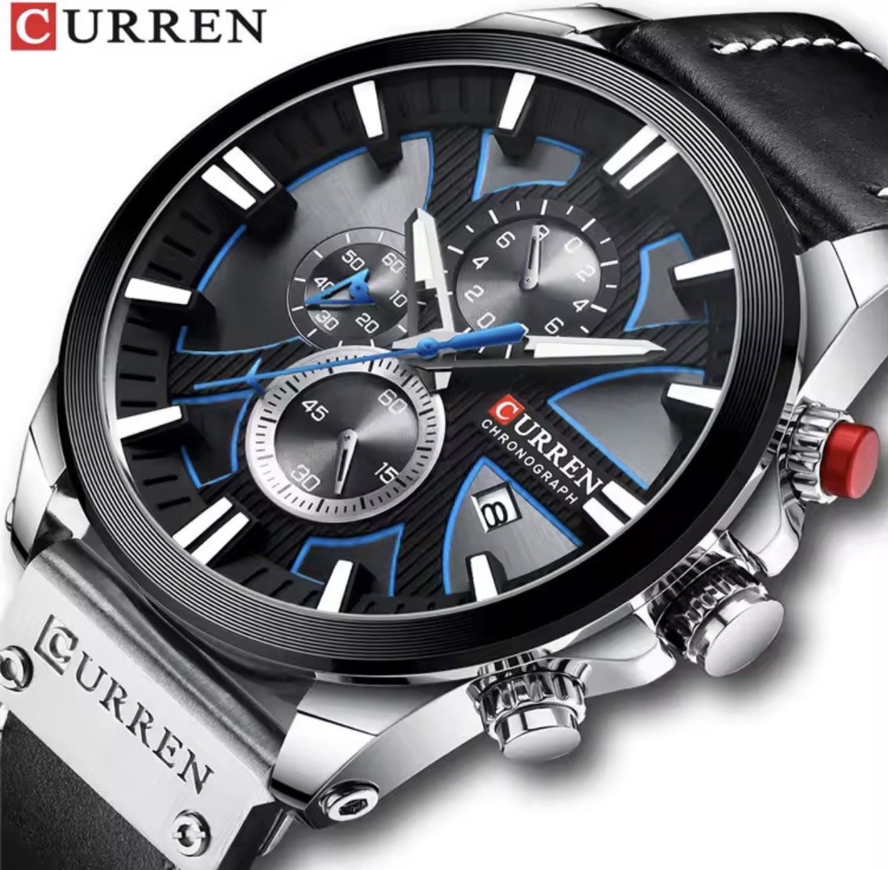Curren men’s chronograph wristwatch, black dial, leather strap, sport style