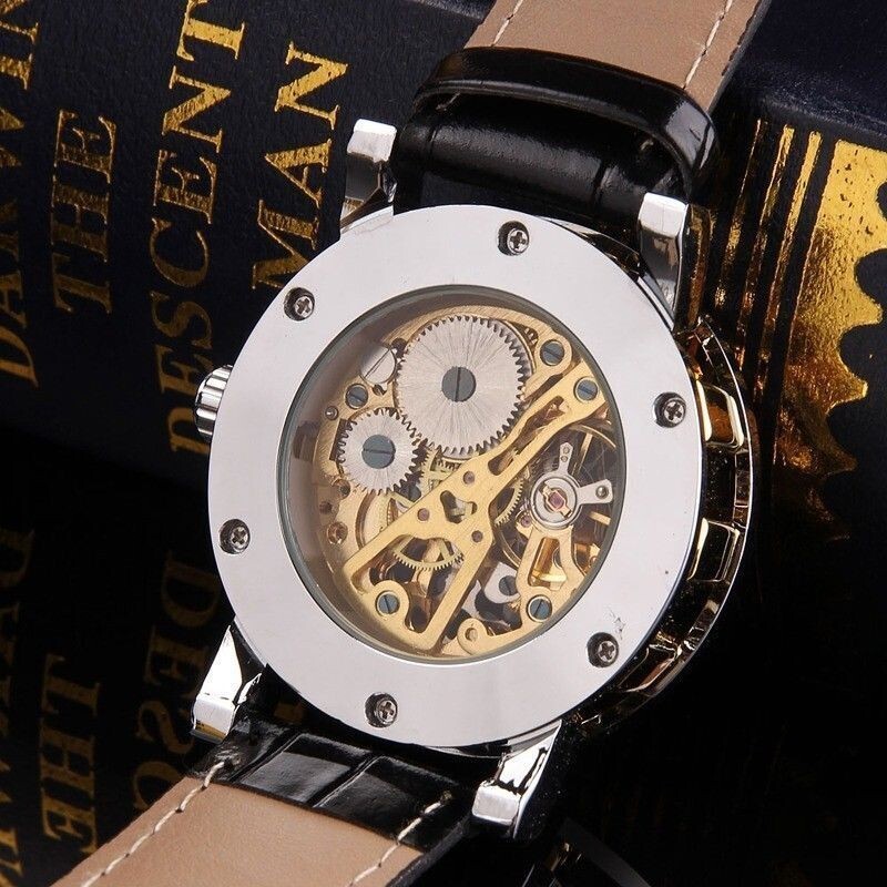 Men Classic Transparent Steampunk Skeleton Mechanical Stainless Steel Watch NEW