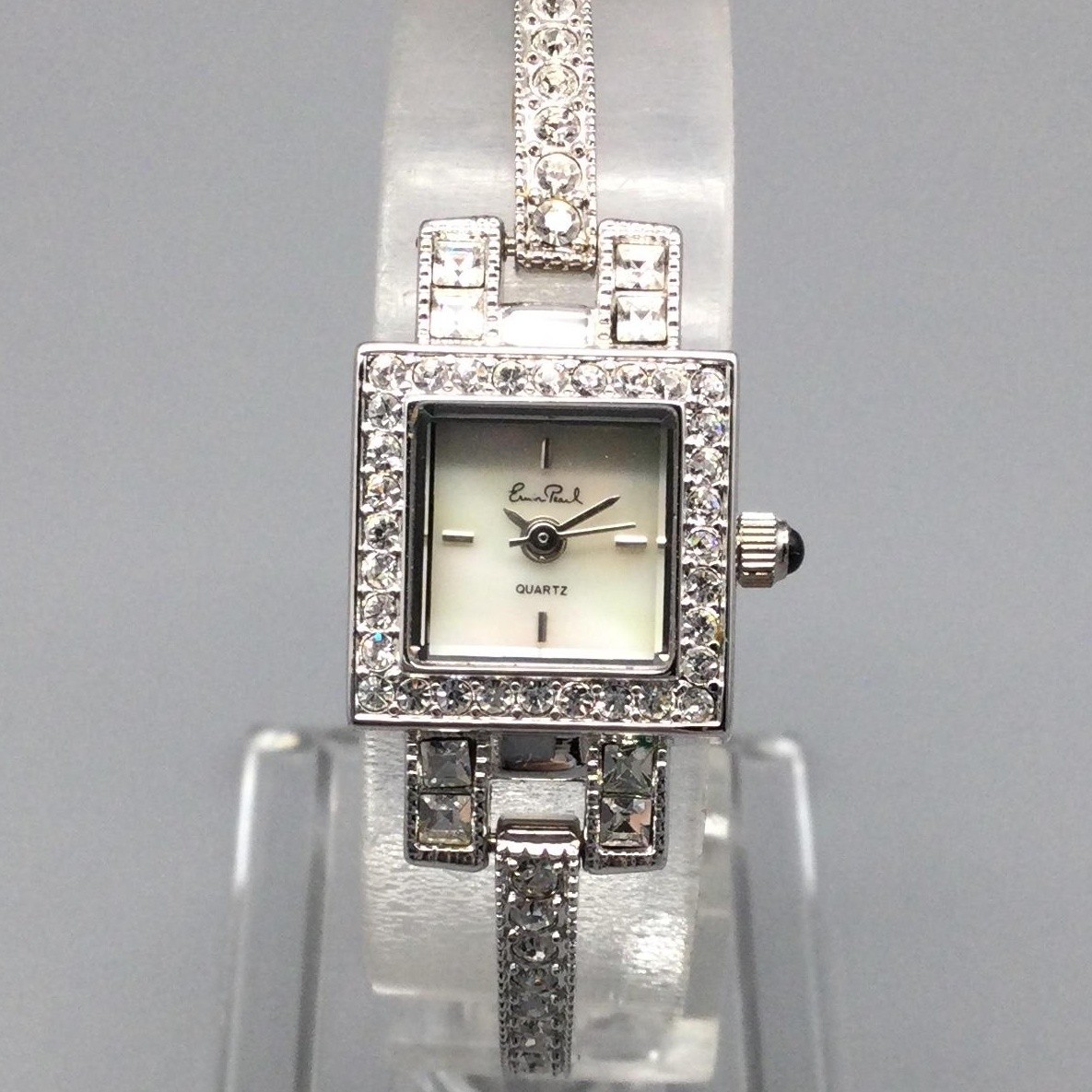 Erwin Pearl Womens Watch 16mm Square Silver Tone Crystal New Battery 5.75″