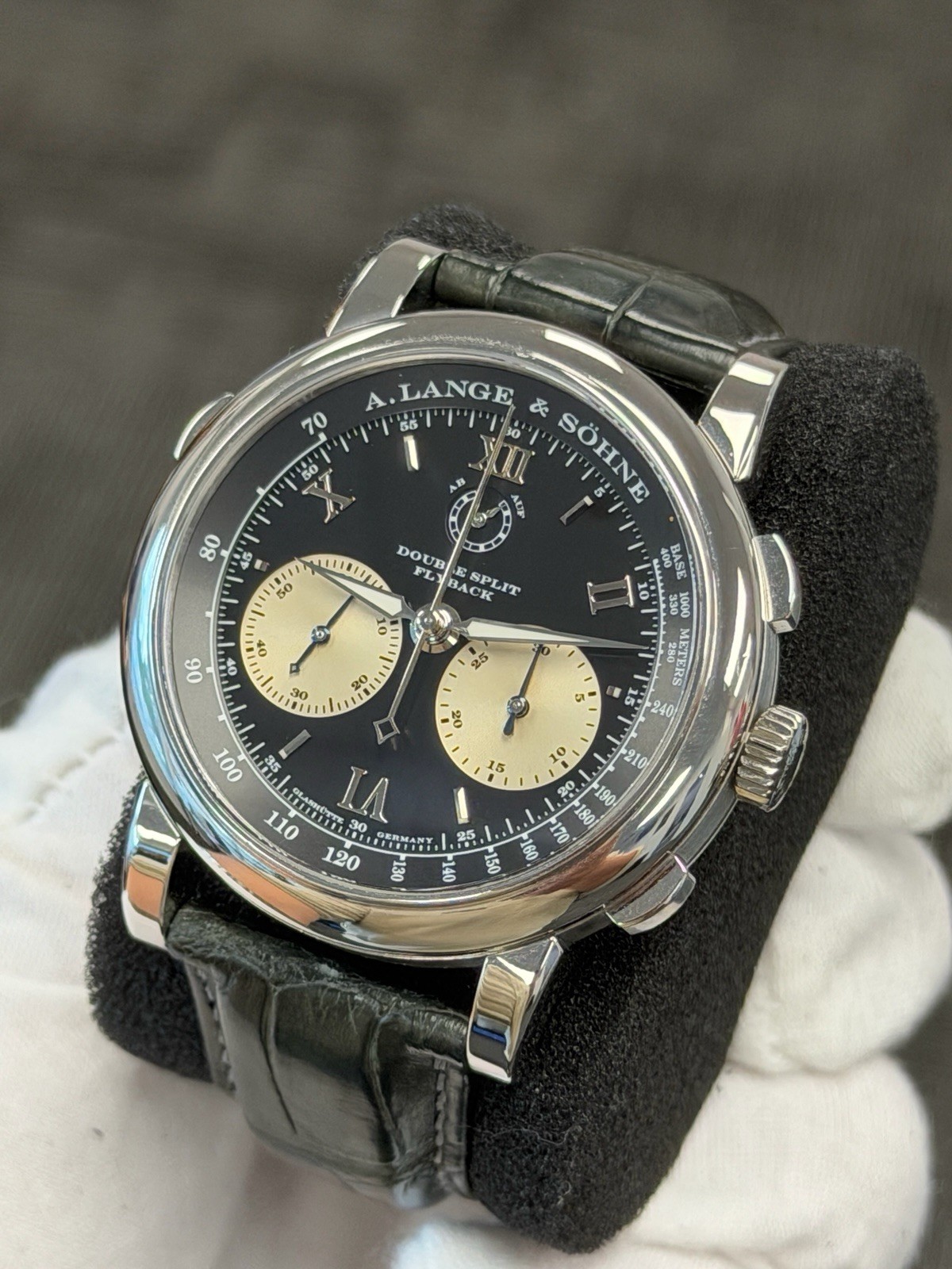 A Lange Sohn 404.035 Double Split Platinum Watch Only Green Strap