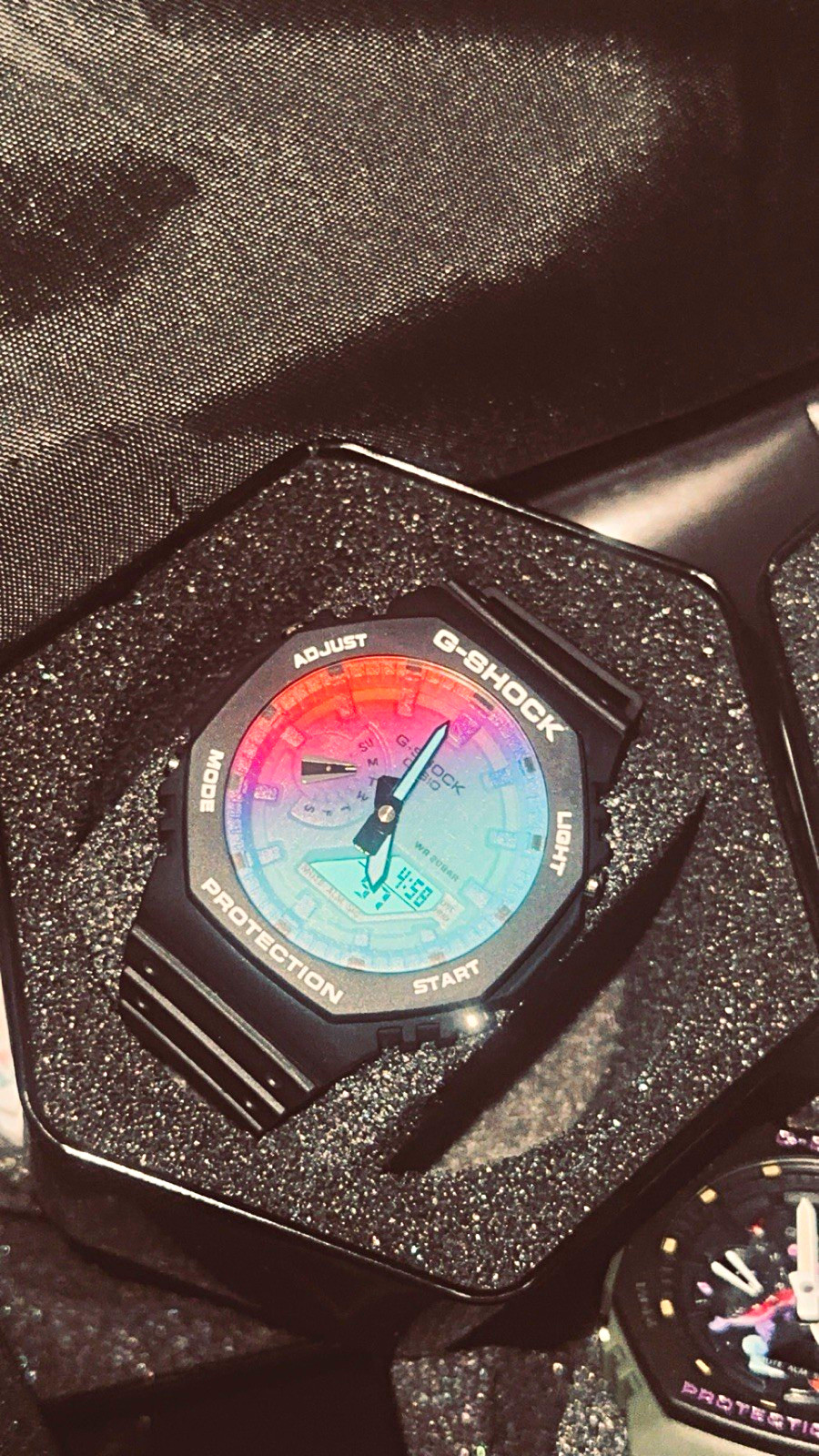G-SHOCK Analog-Digital Octagon Black Resin Quartz Watch Rainbow Dial Chrono