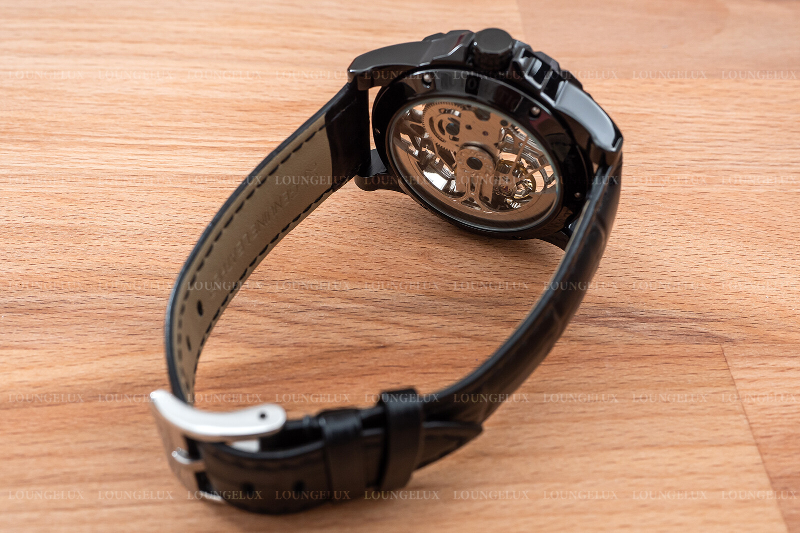 Mens Skeleton Automatic Mechanical Watch – Black Grey Dial Black Leather Strap