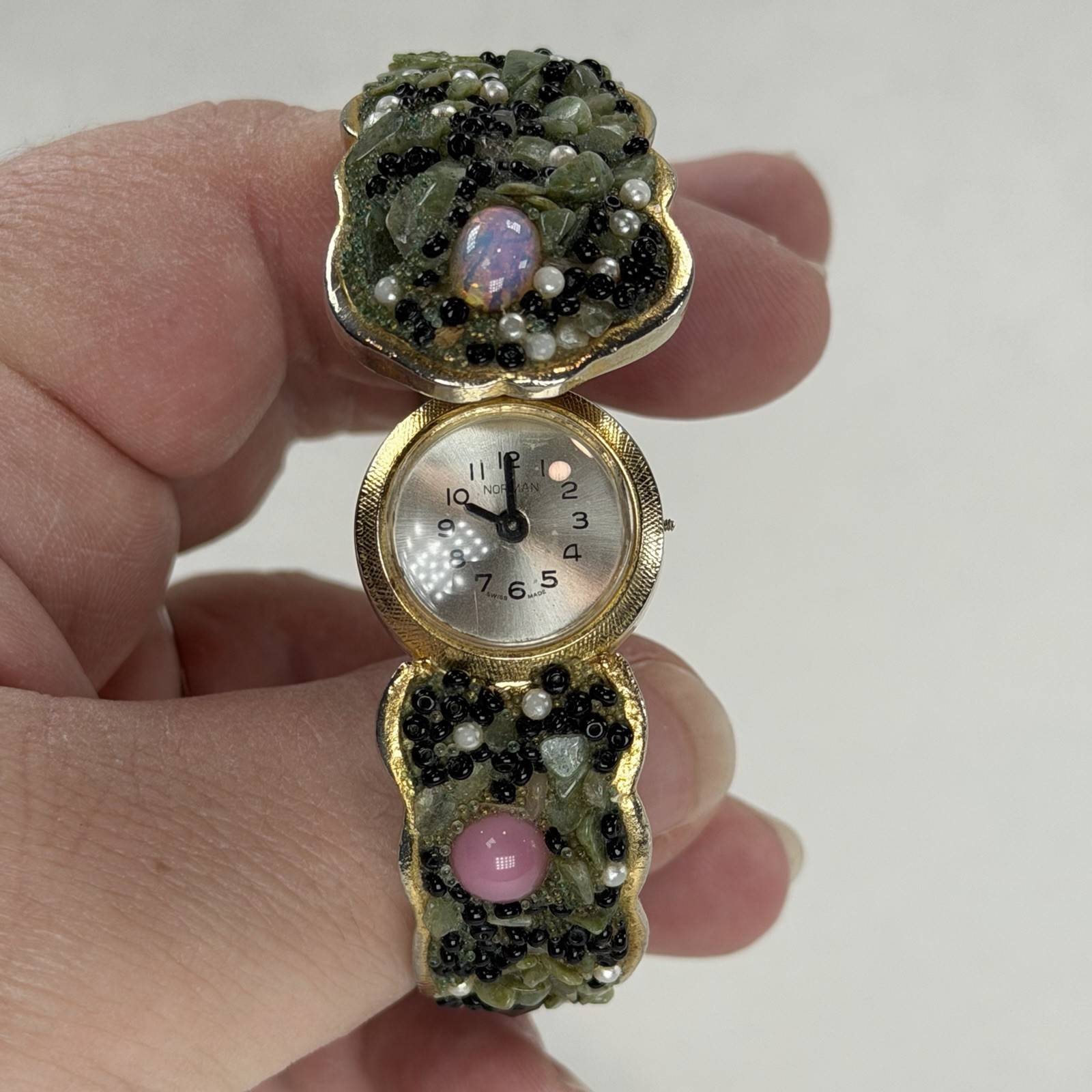 VTG Norman Gold Tone Manual Watch Womens Bracelet Hinged Cuff Opal Parts Only