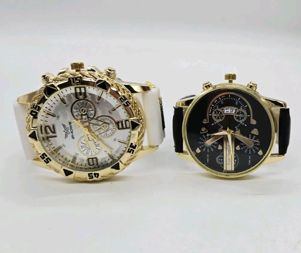 Zhowe Mens Watch White Rubber Band Fan TeeDa Watch Black Faux Leather 2pc Lot