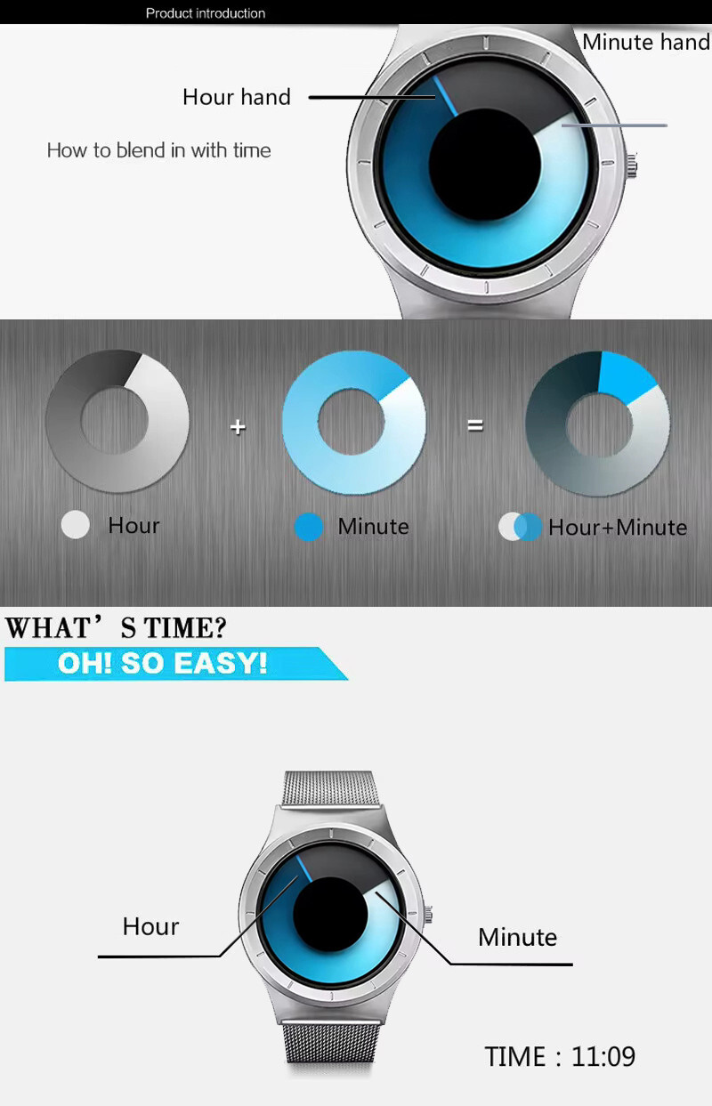 Numberless Watch – Liquid Blue Display – Fathers Day Gift Novelty Unique Unisex