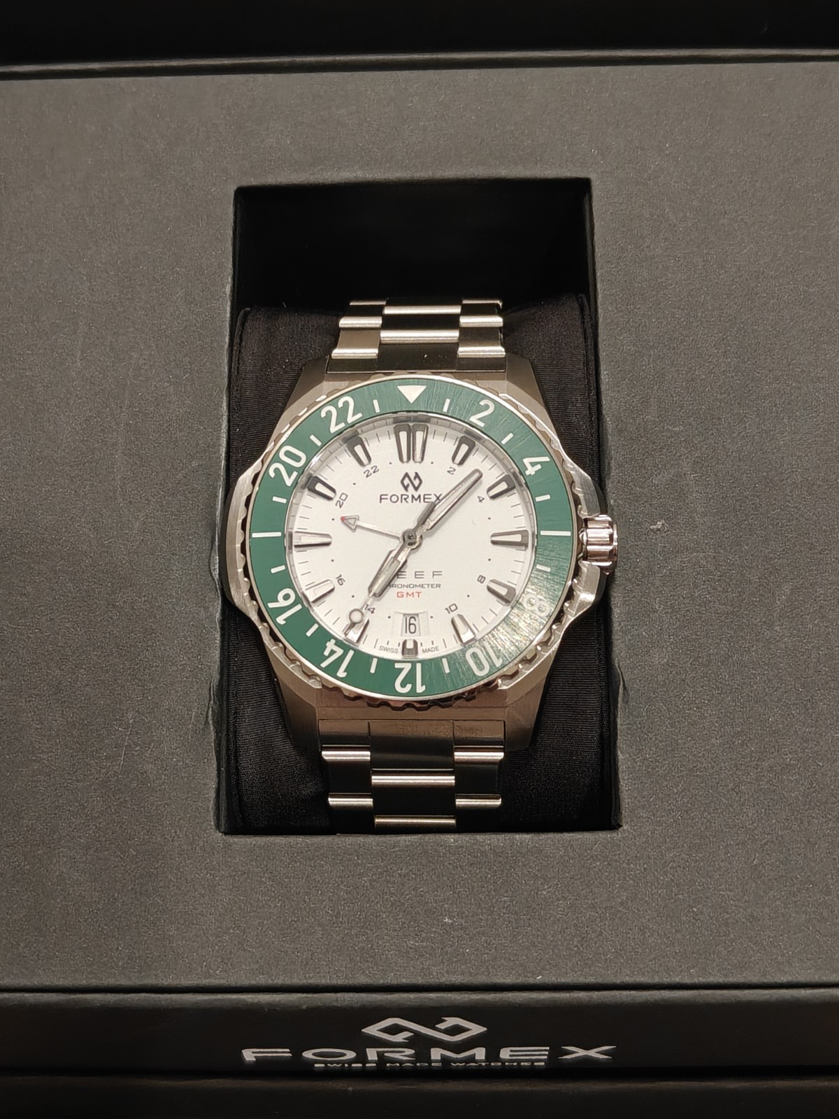 Formex Reef GMT 42mm White Dial Black/Blue And Green Bezel With Black Nato Strap