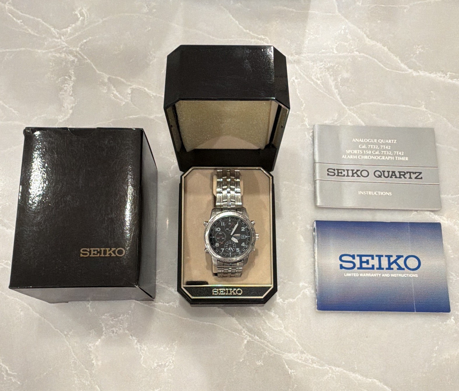 Seiko Chronograph Quartz Alarm 100M Tachymeter Black Dial 40-43.9mm Box