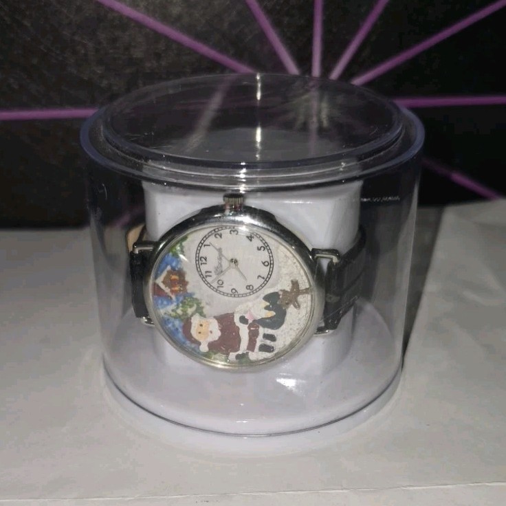 Cartoon Novelty Analog Wristwatch White/Multicolor Dial Black Leather Strap Box