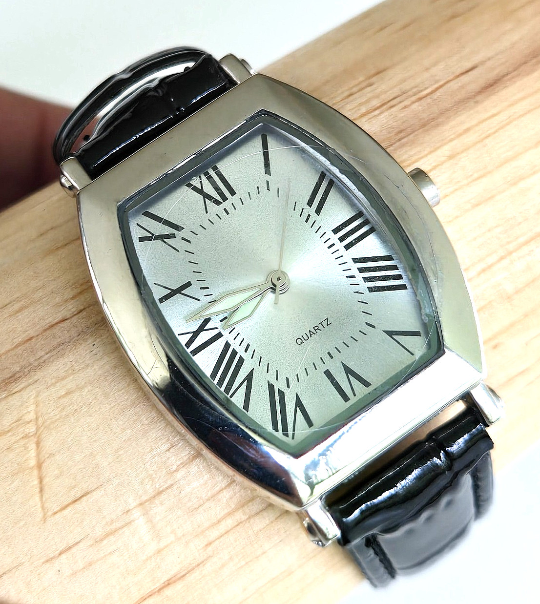 2000s SKC Silver Tone Tonneau Case Quartz Wrist Watch Black Leather New Battery