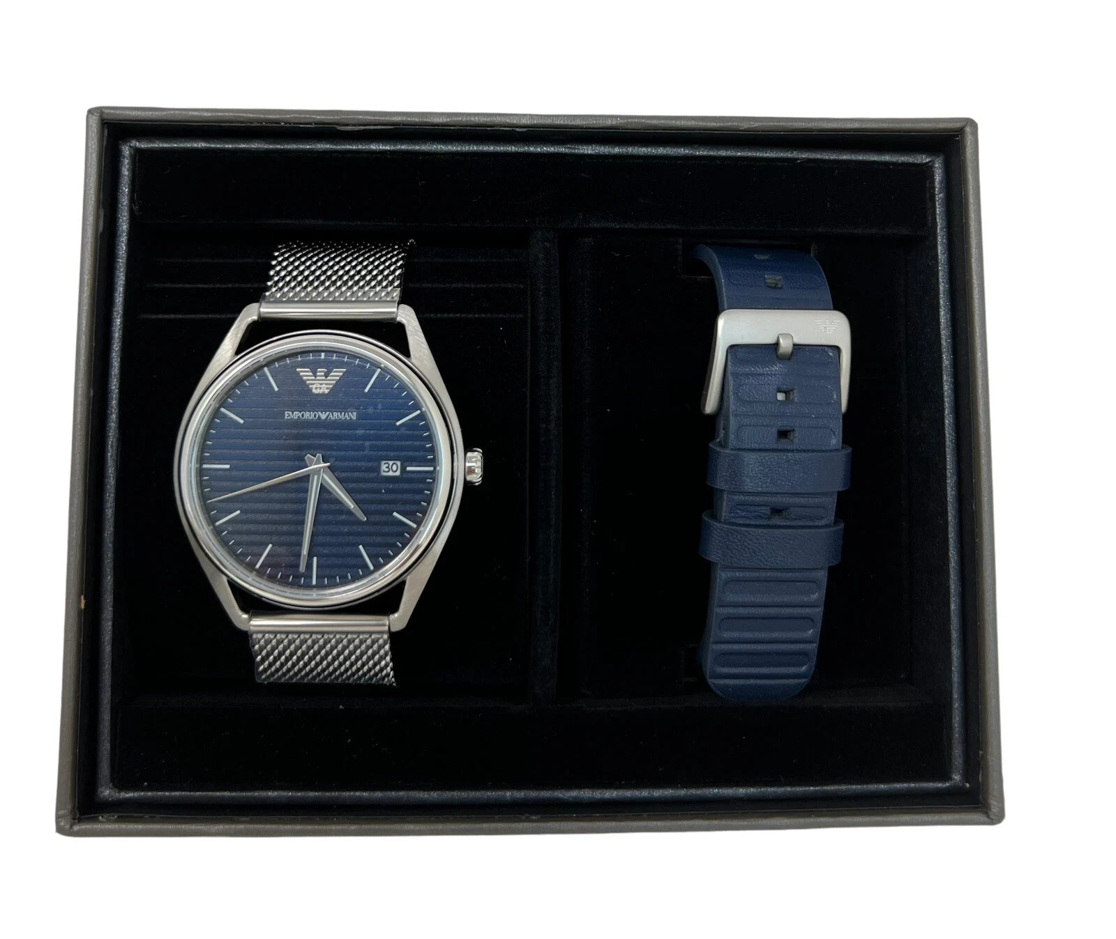 Emporio Armani Men’s Date Silver Mesh & Blue Leather Strap Watch Set NIB AR80054