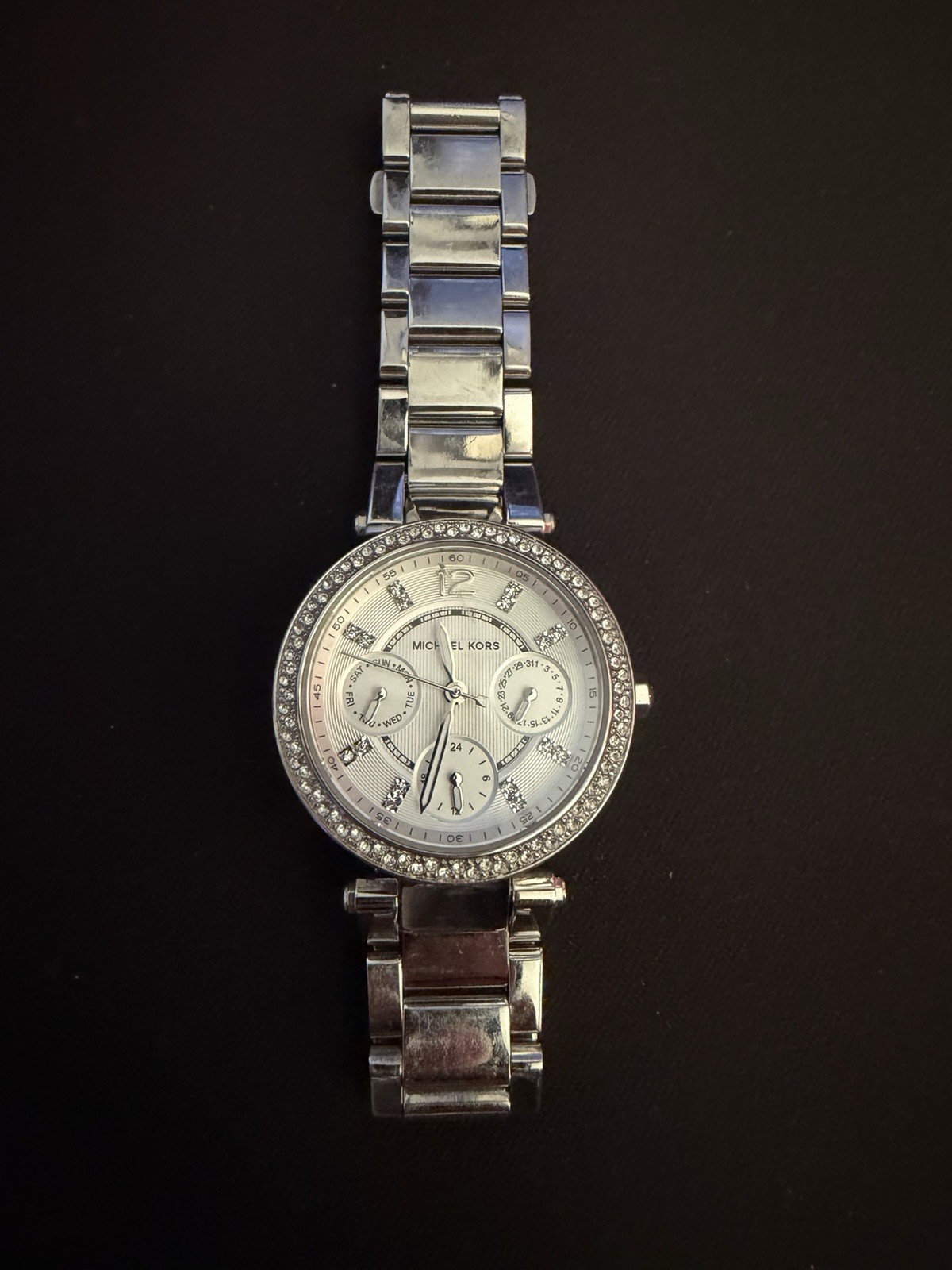 Michael Kors PARKER Silver and Pave Crystal Bezel Quartz Day/Date 24Hr