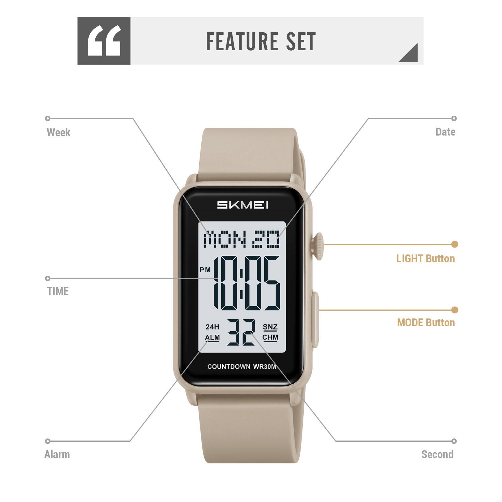 SKMEI Men Rectangle Watch LED Countdown Wristwatch Boys Girl Digital Sport Watch