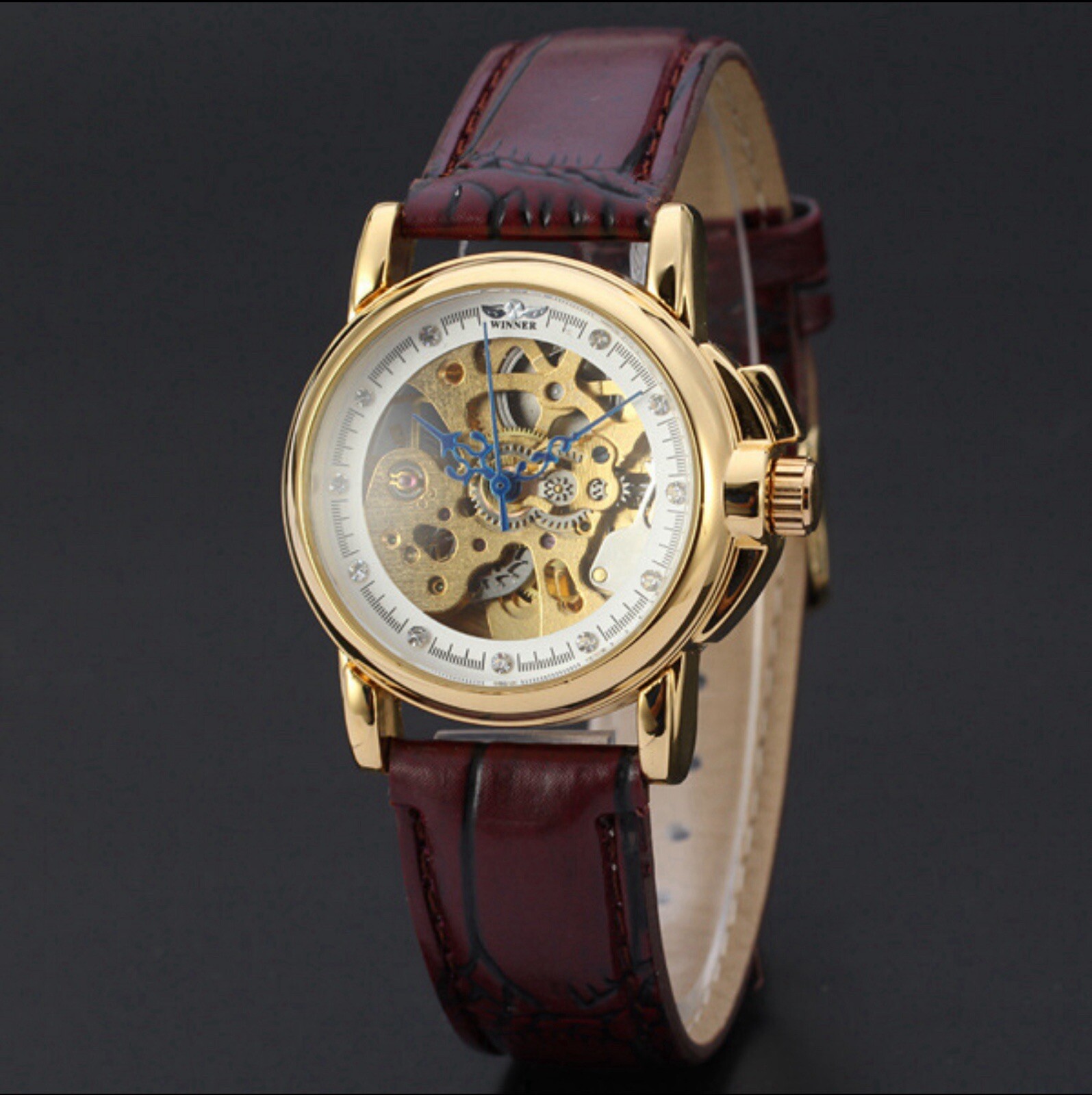 Womens Automatic Transparent Skeleton Luxury Leather Band Ladies Watch Gift Idea