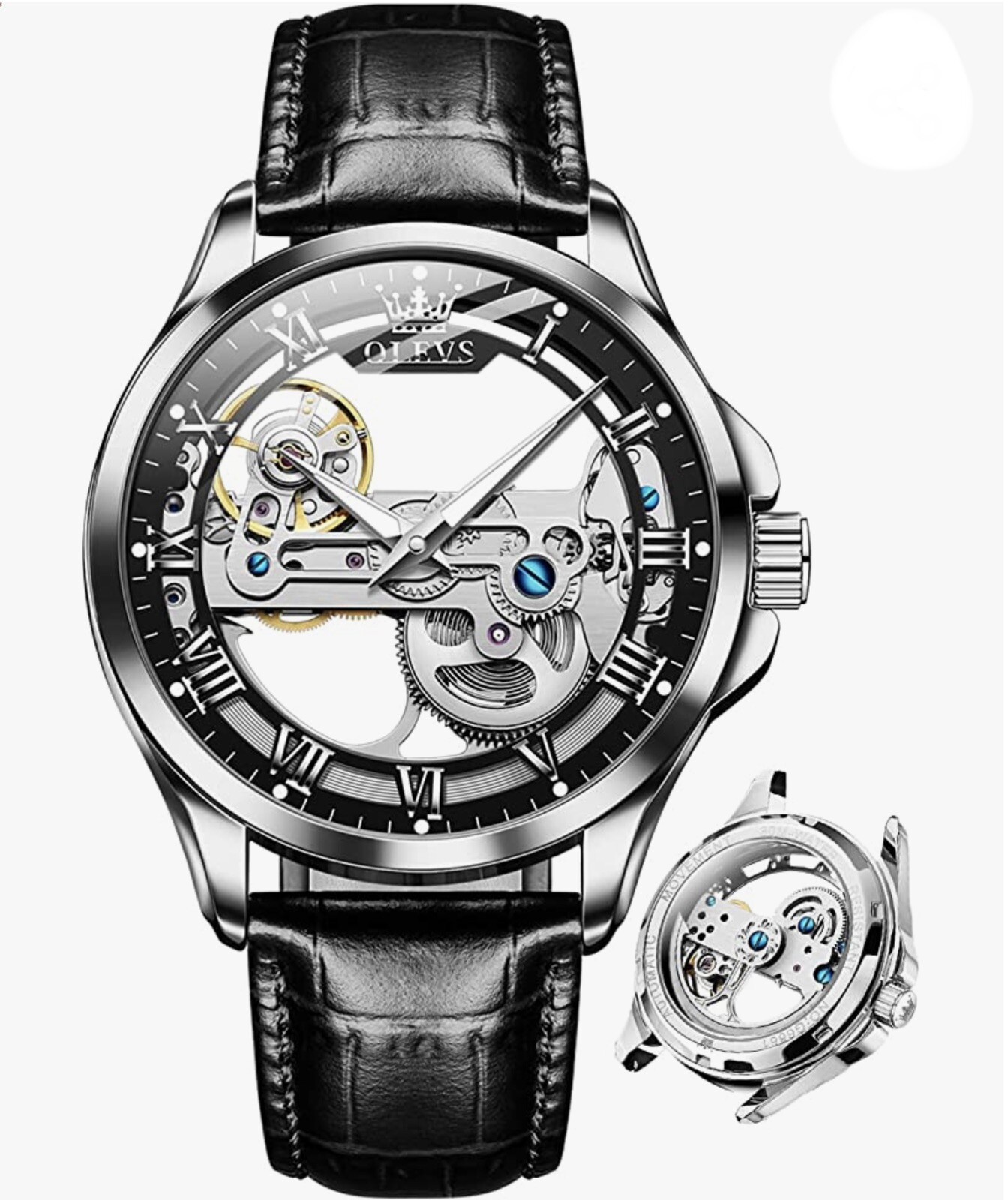 OLEVS Skeleton Watches for Men Automatic Self Winding Mechanical Luxury Leather