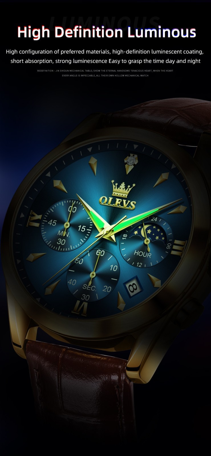 OLEVS 3609 Luminous Night Light Three Dial Japan Movement Leather Quartz Watch