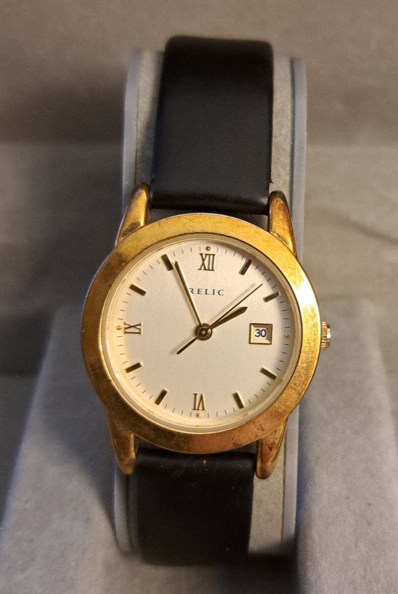Relic PR6083 Gold Tone Wrist Watch for Women With Date And Black Leather Band