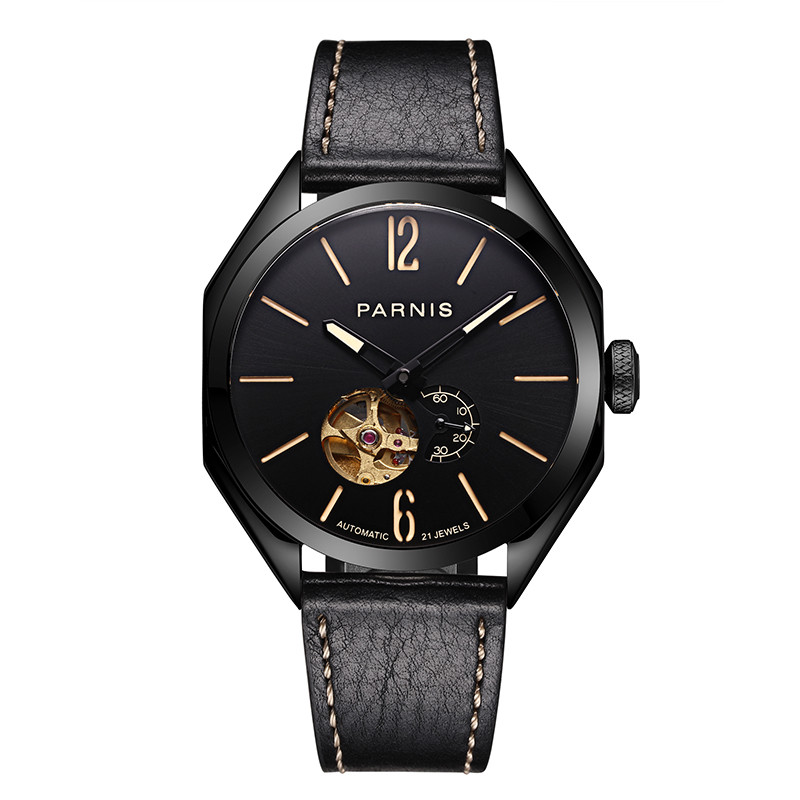 43mm Parnis Hollow Dial Miyota Automatic Movement Men’s Watch PVD Black Case New