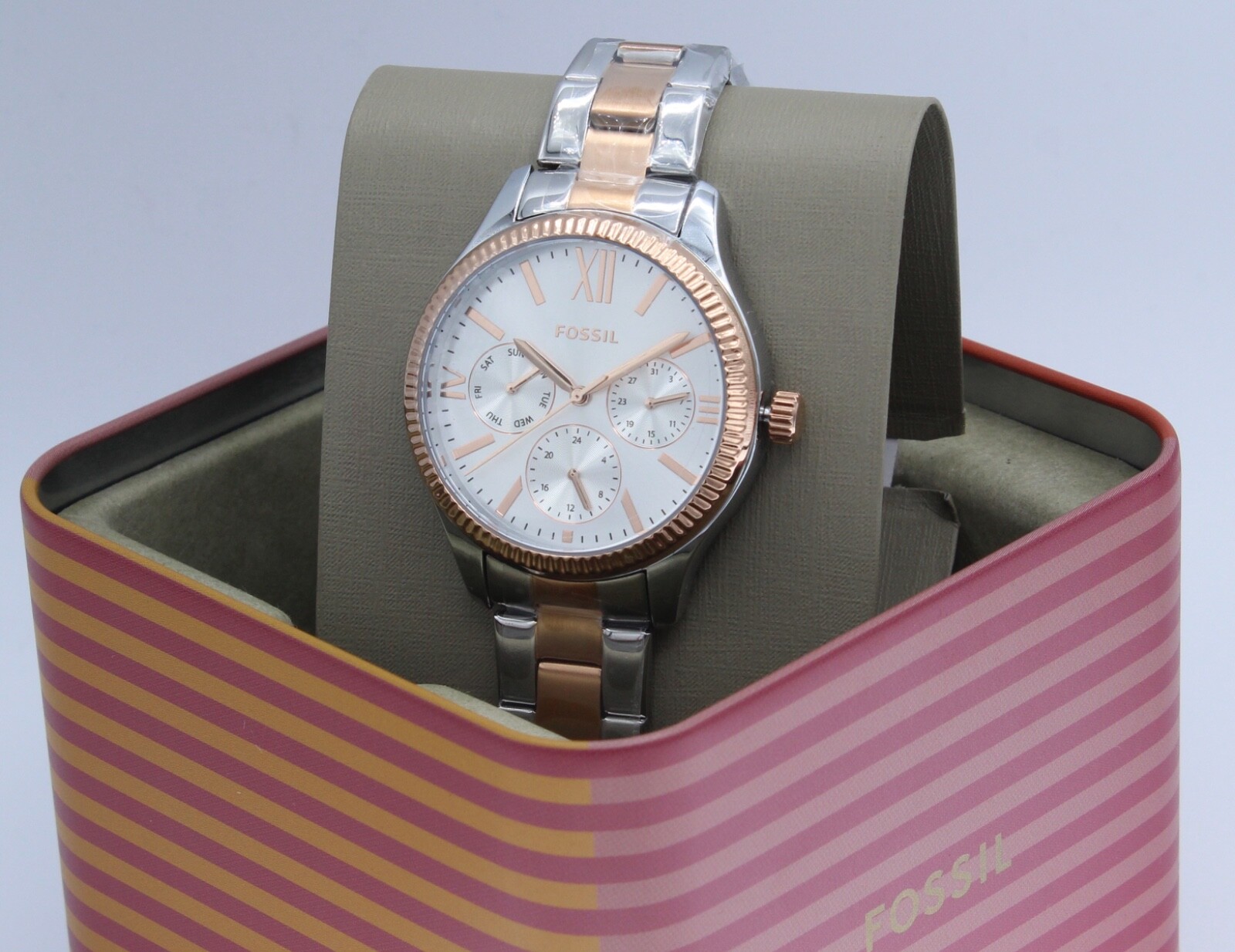 NEW AUTHENTIC FOSSIL RYE MULTIFUNCTION SILVER ROSE GOLD WOMEN’S BQ3761 WATCH