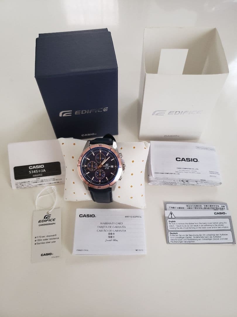 Casio Edifice Quartz Chronograph Navy Dial Rose Gold Mens Watch WR100M Japan