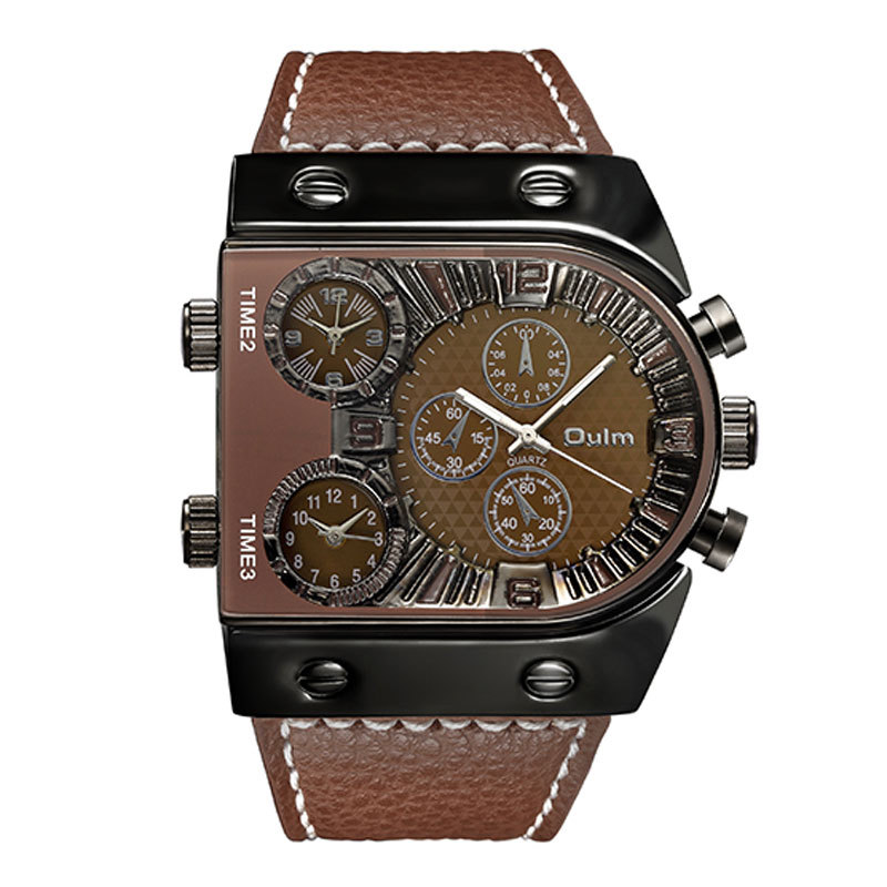 OULM Casual Men’s Multiple Time Zone Military Quartz Wrist Watches Leather Strap