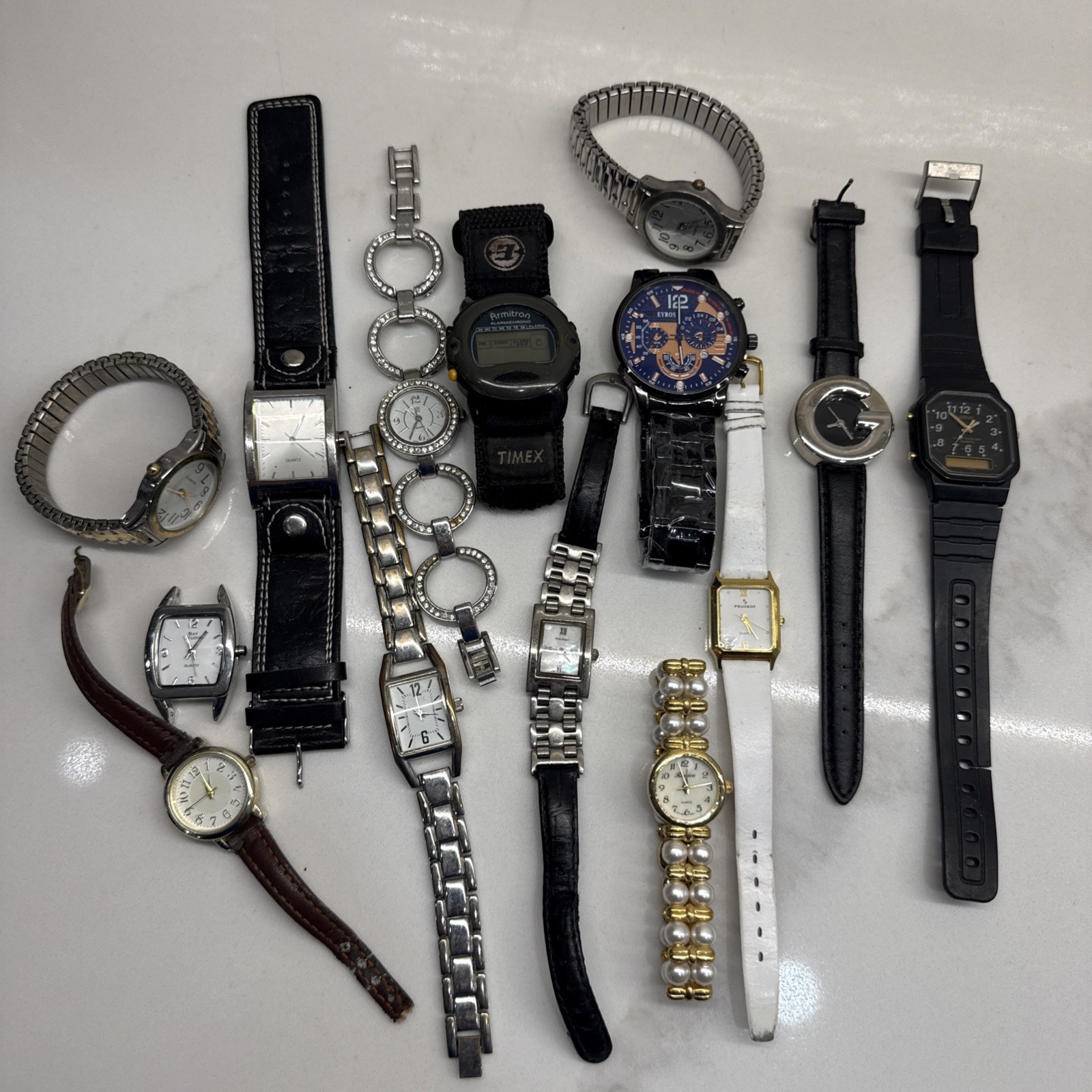 Lot Of 14 Watches For Parts / Repair Untested Lorus Peugeot Deyros NY&C Armitron
