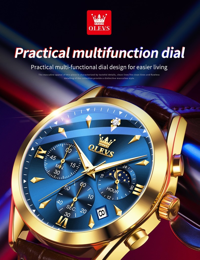 OLEVS 3609 Luminous Night Light Three Dial Japan Movement Leather Quartz Watch
