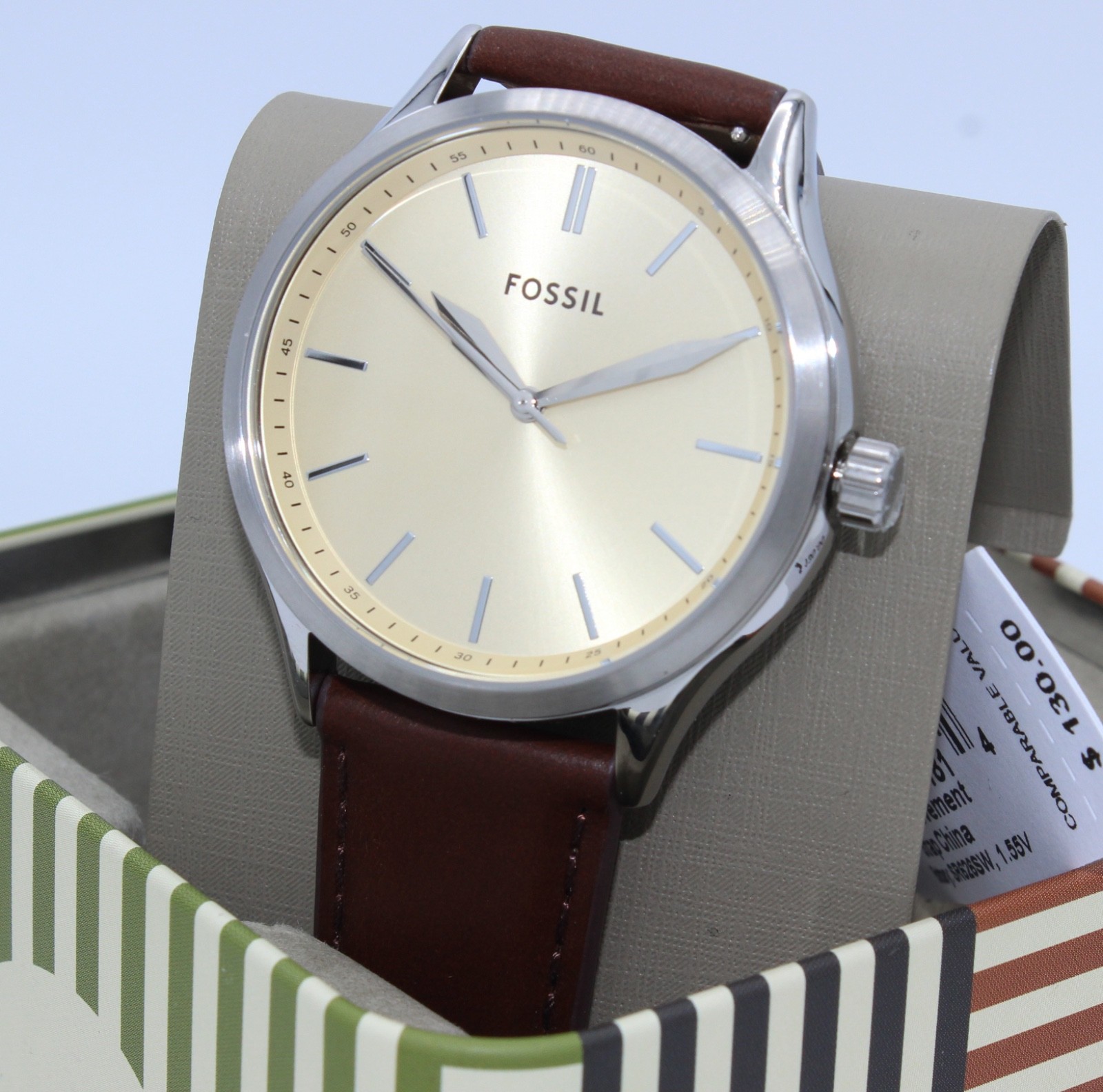 New Authentic Fossil Fenmore Midsize Slim Silver Cream Brown Men’s BQ2865 Watch