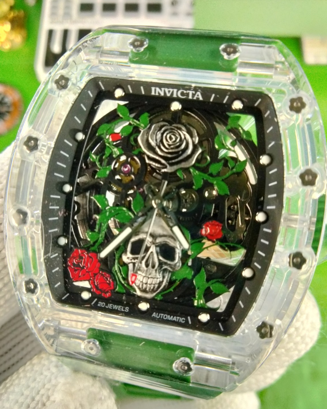 Invicta Roseskull Artist Automatic Men Watch 69497 K9 Glass Case Grn Strap WR30M