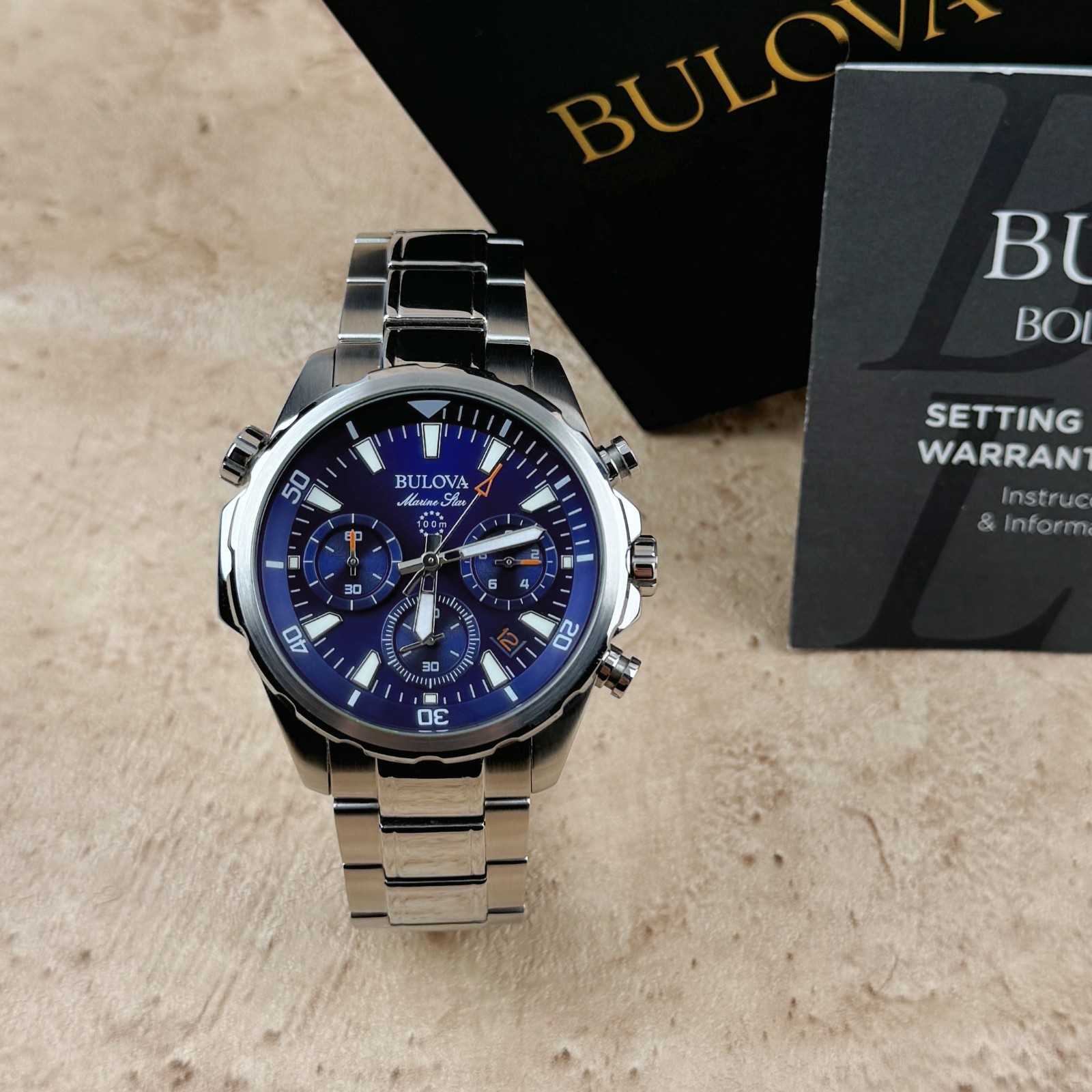 New Bulova Marine Star Classic Blue Dial Chronograph Men’s Quartz Watch 96B256