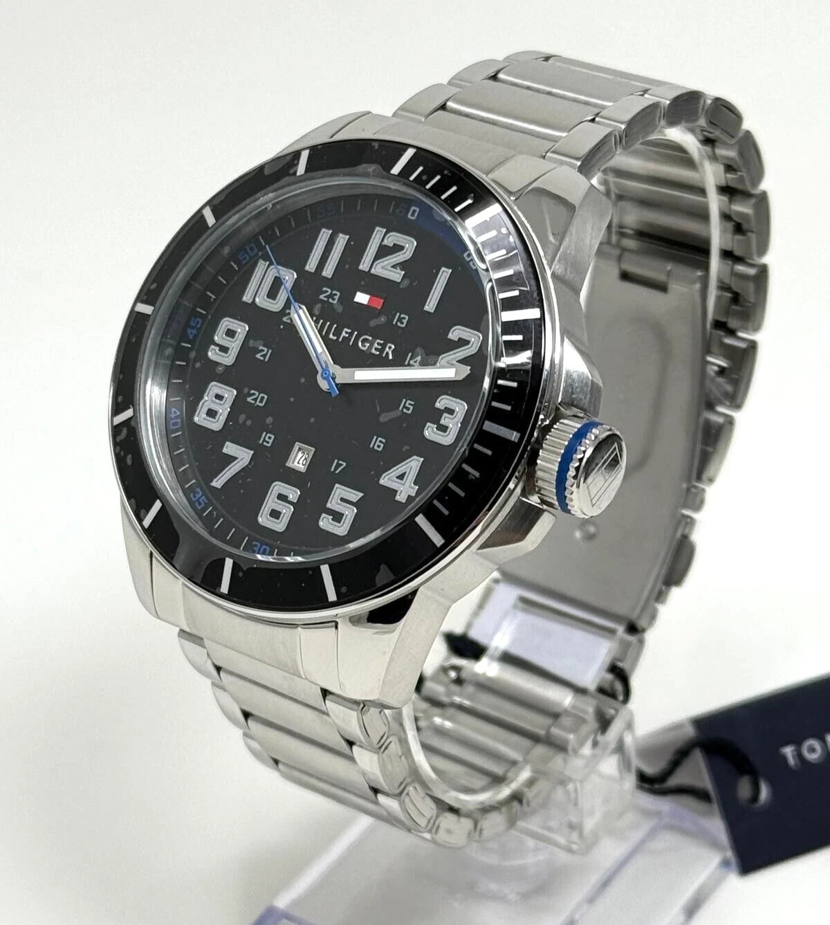 Tommy Hilfiger Three Hand Stainless Steel Black Dial 46mm Watch NIB 1791074