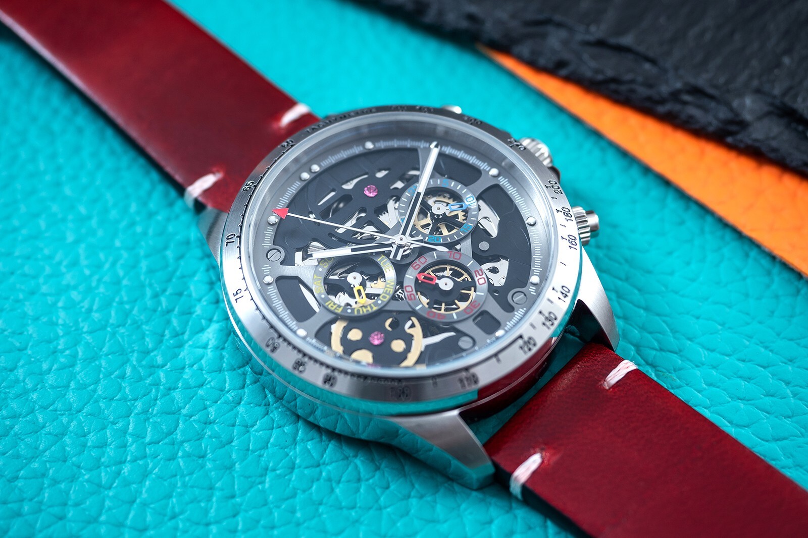 Mens Automatic Mechanical Watch Calendar Silver Dark Red Oil Waxed Leather Gift