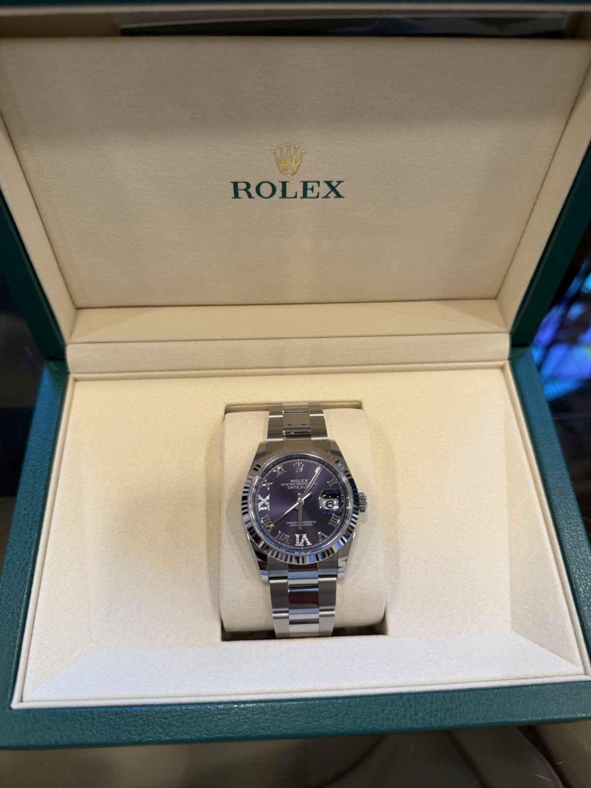 Rolex Datejust 36mm purple Roman Dial Fluted Bezel oyster Bracelet w/ Box