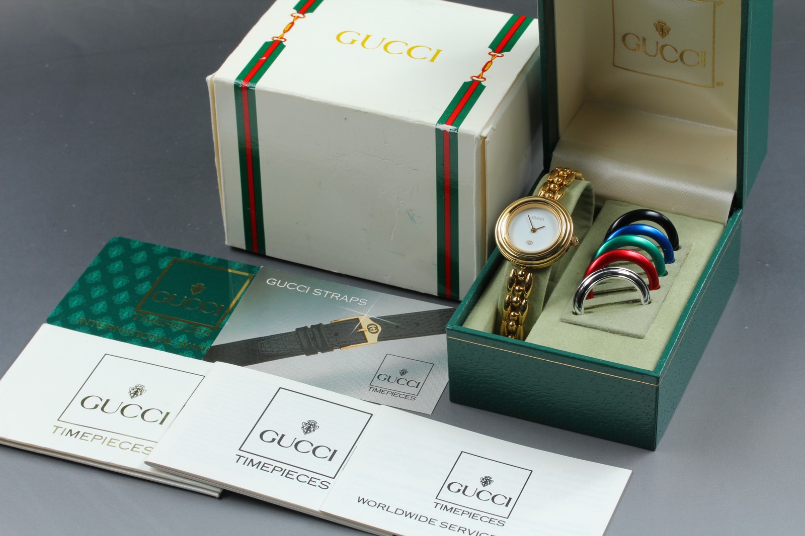GUCCI Change Bezel 1100L 6 Colors 26mm Gold Quartz Women’s Watch w/Box Paper