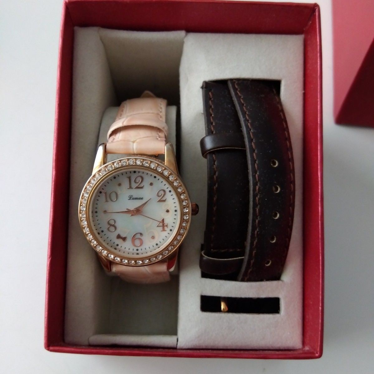 Lamue Ladies Wristwatch Rhinestone Pink Gold with Replacement Strap