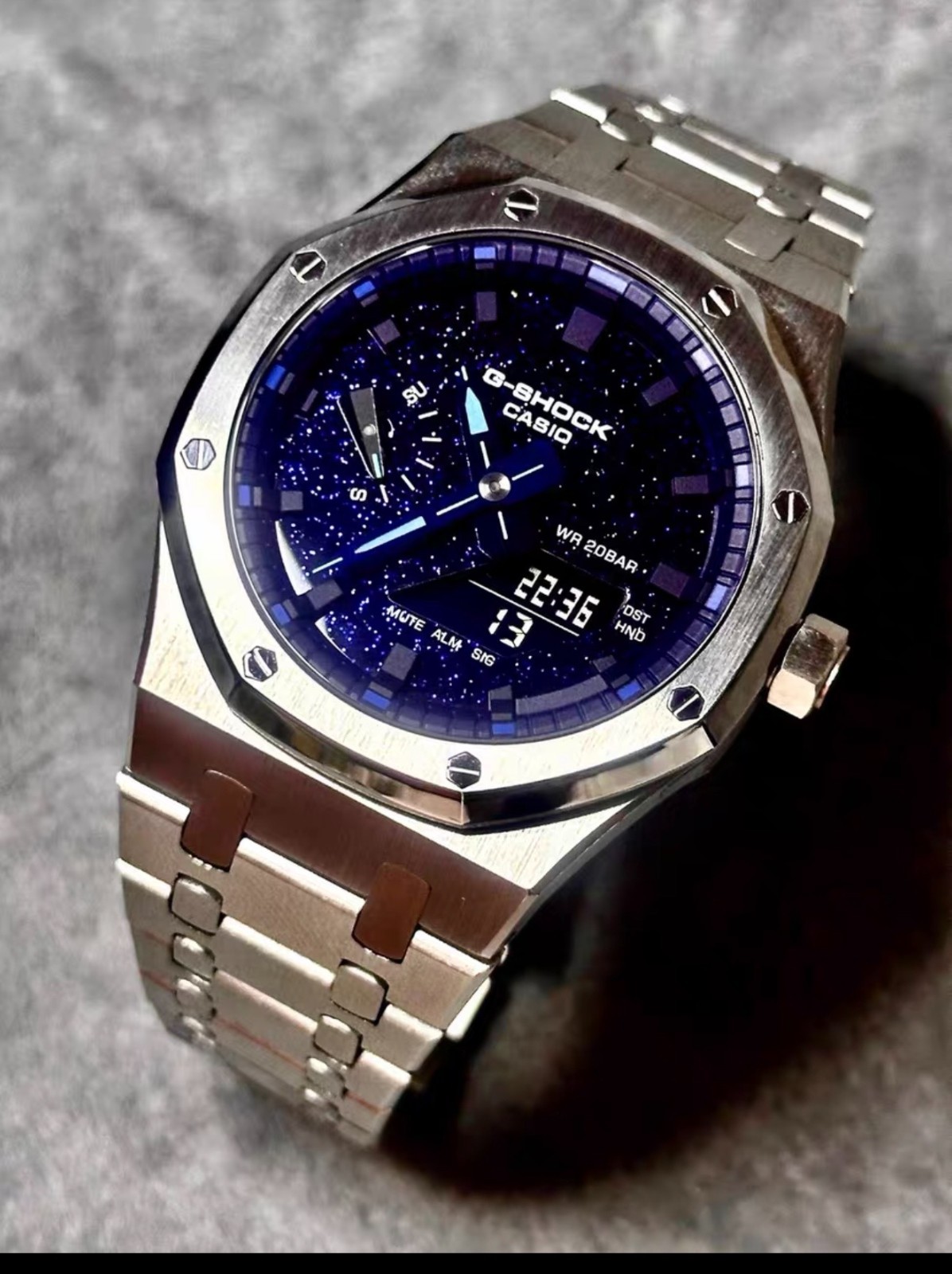 Custom Casio GA-2100 CasiOak Mod Silver Steel Band Blue Star Dial Watch Sapphire