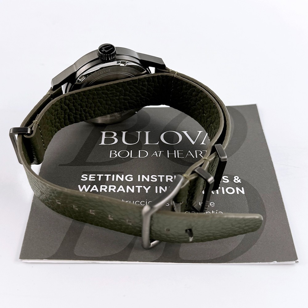 Bulova Men’s Hack Automatic Black Dial Green Leather Strap Watch 98A255