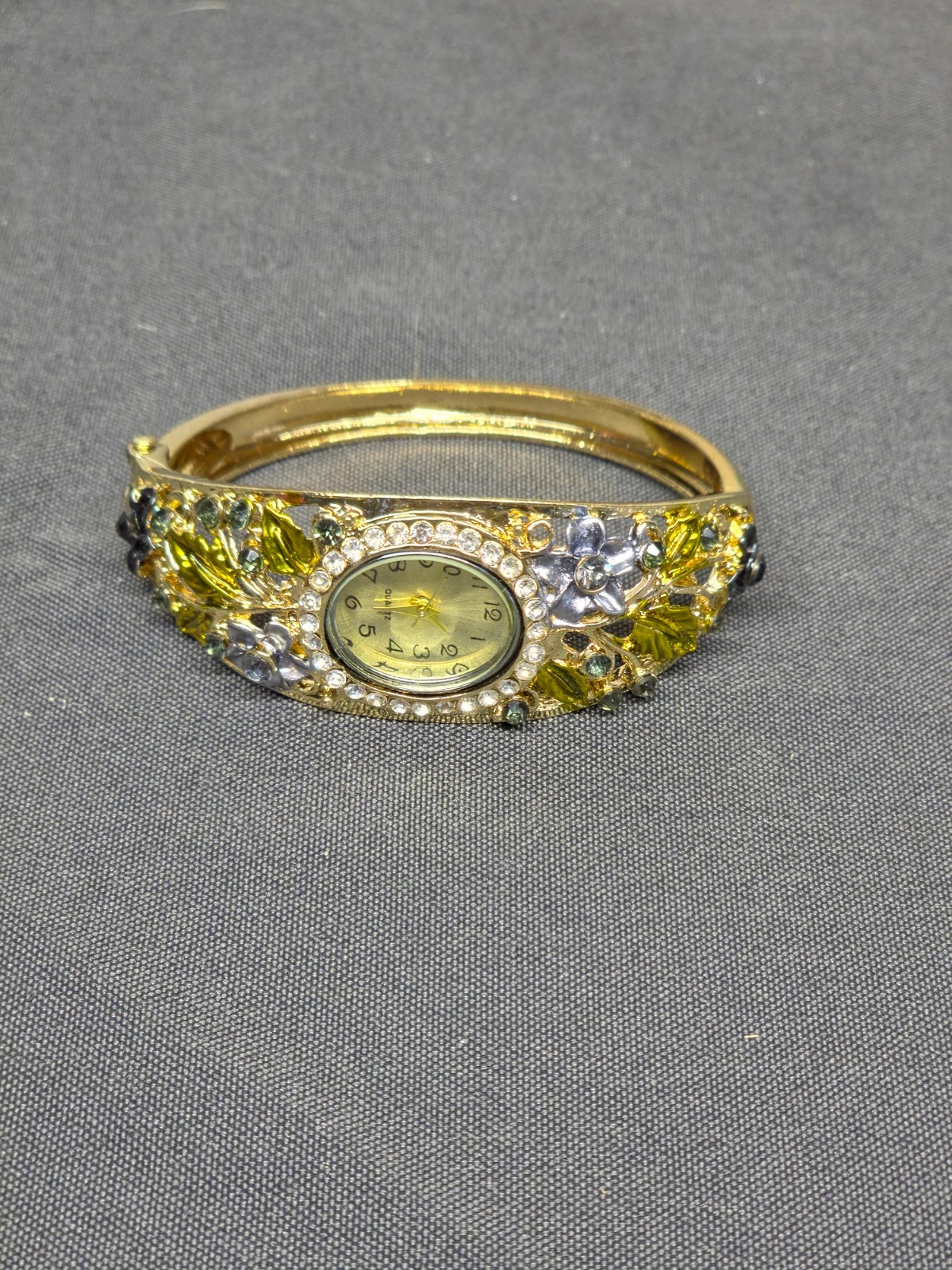 Vintage Ornate Floral Hinged Cuff Watch Gold Tone Green Rhinestone Oval UNTESTED