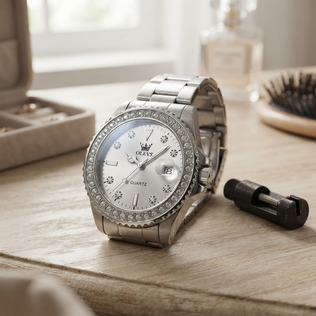 Elegant Waterproof Ladies Watch with Adjustable Stainless Steel and Diamonds