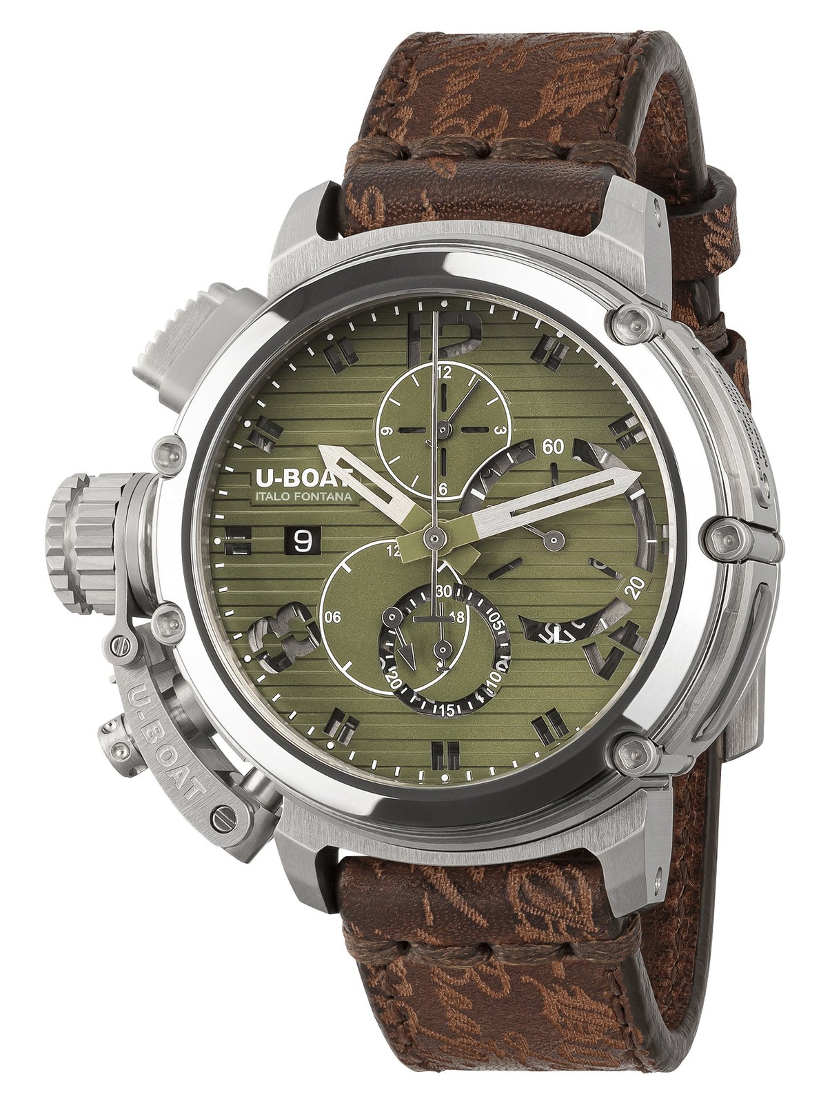 U-Boat Chimera Automatic Chronograph Green Dial Brown Leather Mens Watch 9591