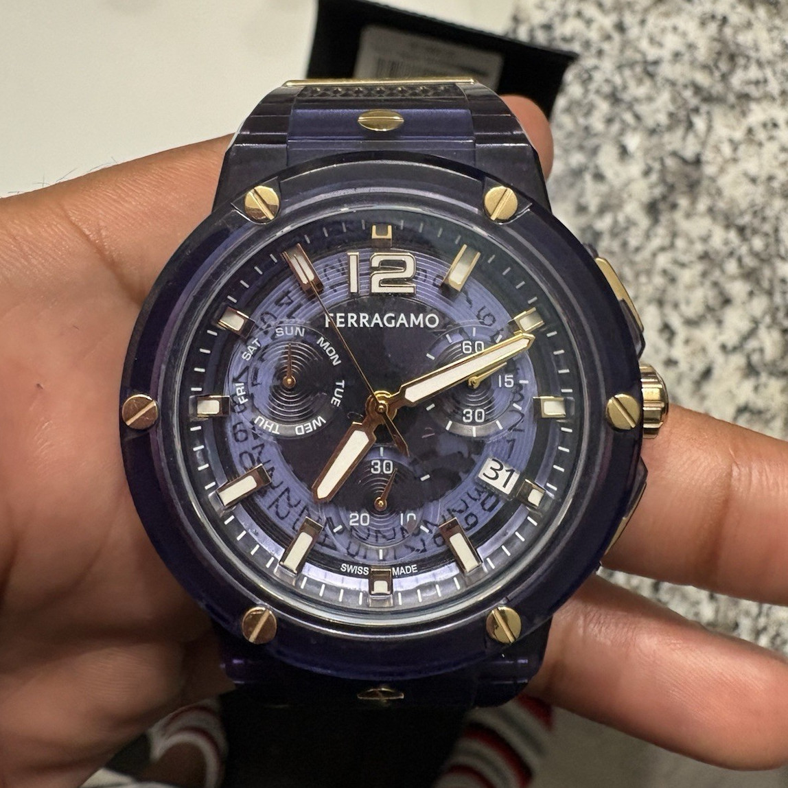 Ferragamo Swiss Made Quartz Day/Date Sapphire 50m Purple Rubber Strap Watch