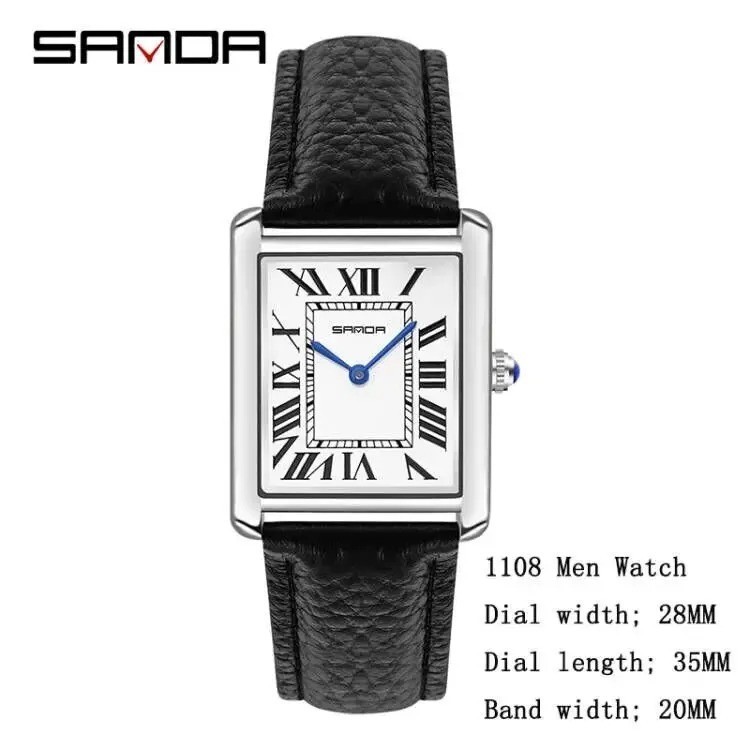 Sanda Watch Tank Style Men’s Quartz Stainless Steel Deployant Clasp NEW