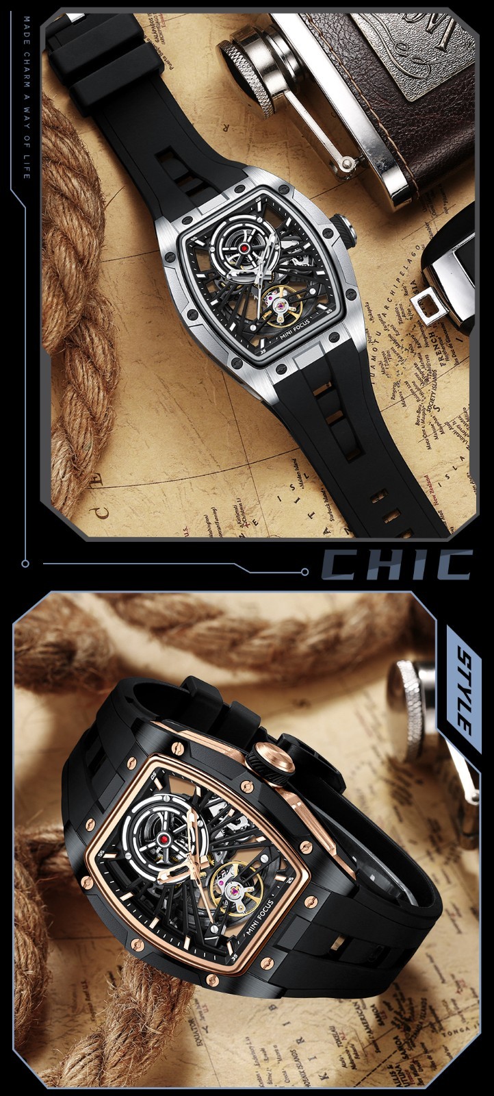MINI FOCUS Men’s Tonneau Skeleton Flywheel Silicone Automatic Mechanical Watch