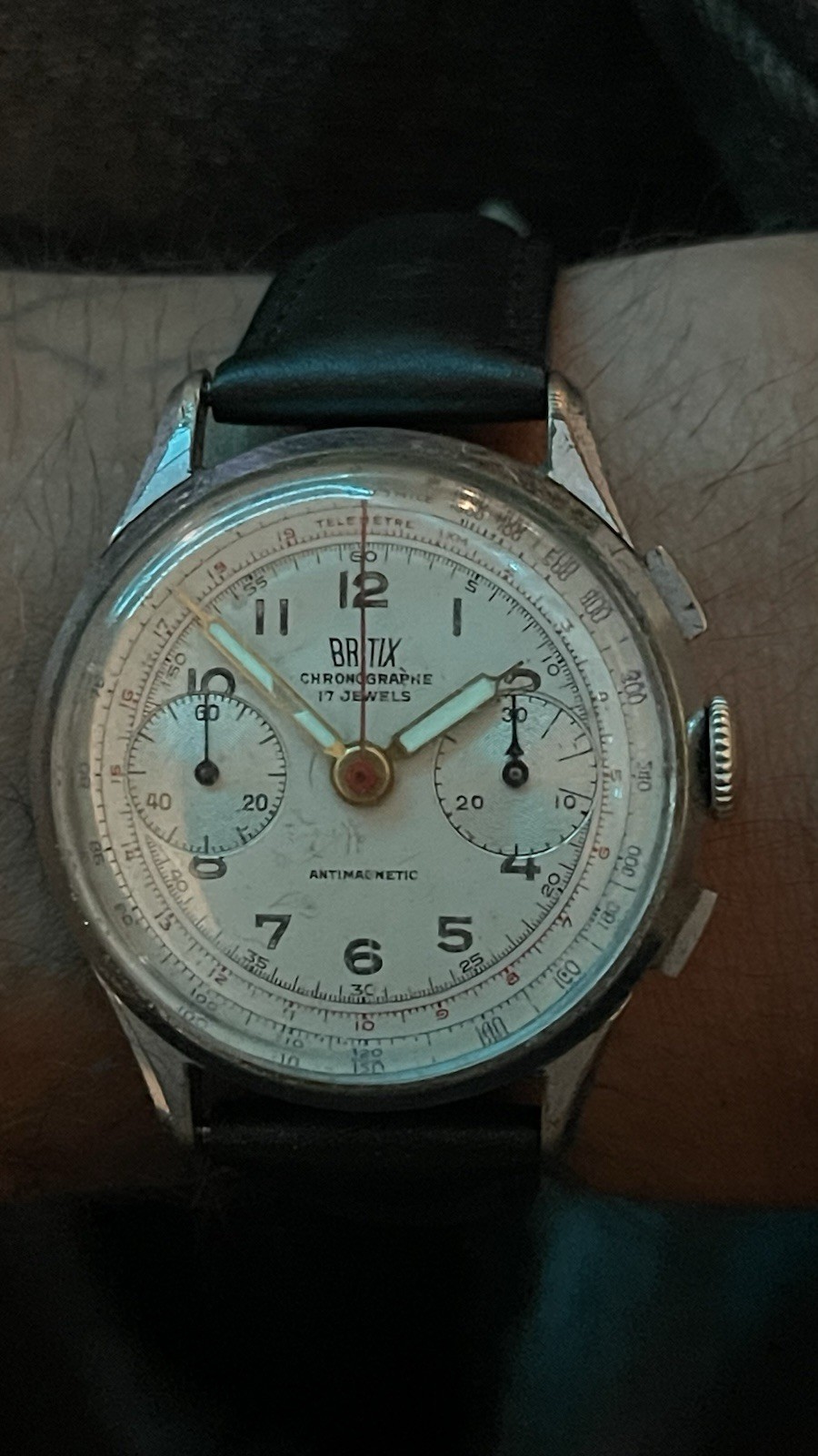 Vintage Britix Chronograph Watch 34.5mm Triple Signed Runs, Functions Work.