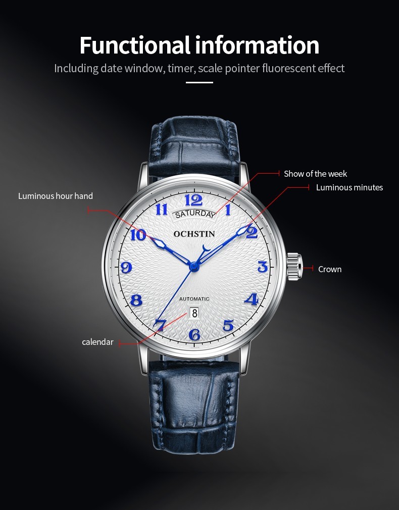 OCHSTIN Men’s Automatic Mechanical Watch Business 3ATM Day Date Leather Strap